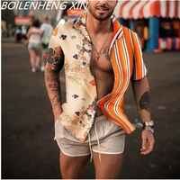 mens summer printed short sleeve shirt hawaiian beach casual single breasted lapel fashion stripe short cardigan s 3xl