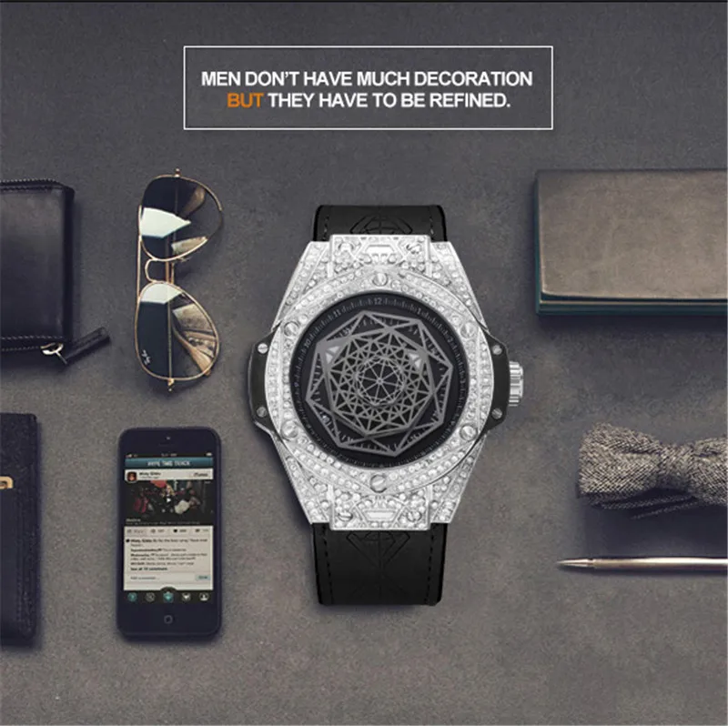 

KIMSUDN Men Watch Crystal Diamond Leather Silicone Wristwatch Top Luxury Brand Sports Mens Watches Waterproof Personalized Clock