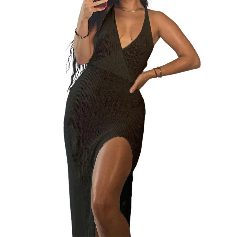 

Summer Sexy Women Dress Crochet See Through Backless Bandage High Split Deep V-neck Beach Women Party Dresses Beachwear