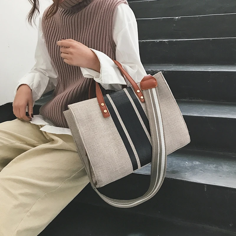 Холщовые сумки с широким ремешком и ручками для женщин вместительные дамские