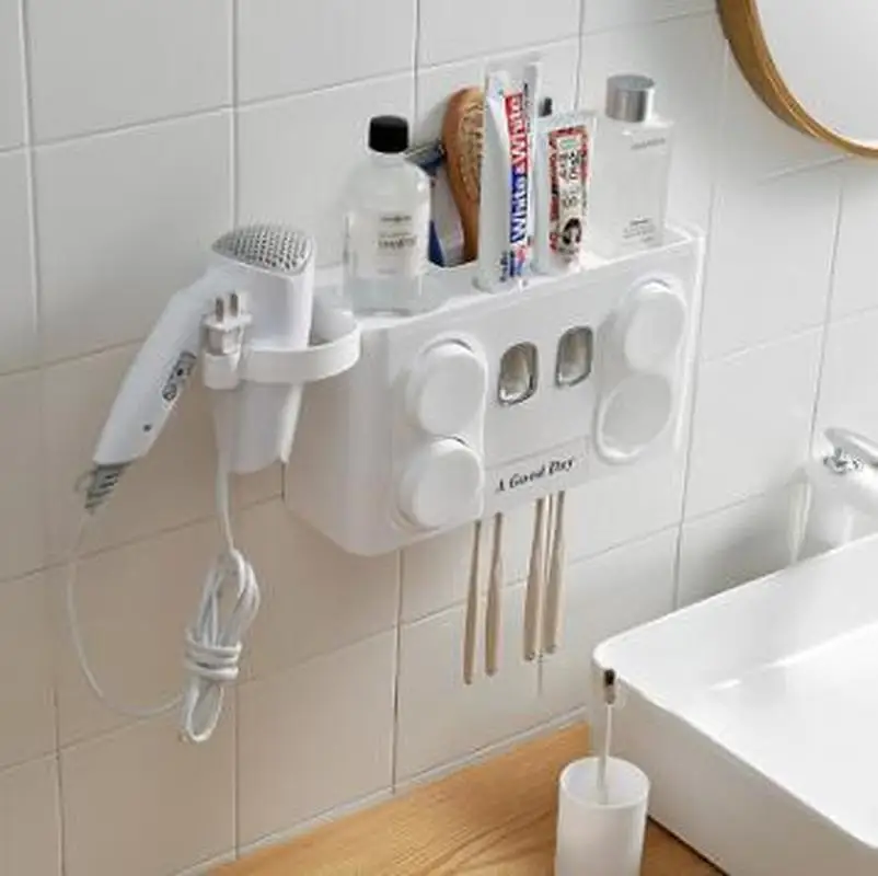 

Plastic bathroom toothbrush storage rack with 4 cups of toothpaste dispenser family holder set is easy to install WY815