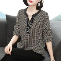 v neck plaid printed blusas women half sleeve blouses shirts lady casual spring summer style tops