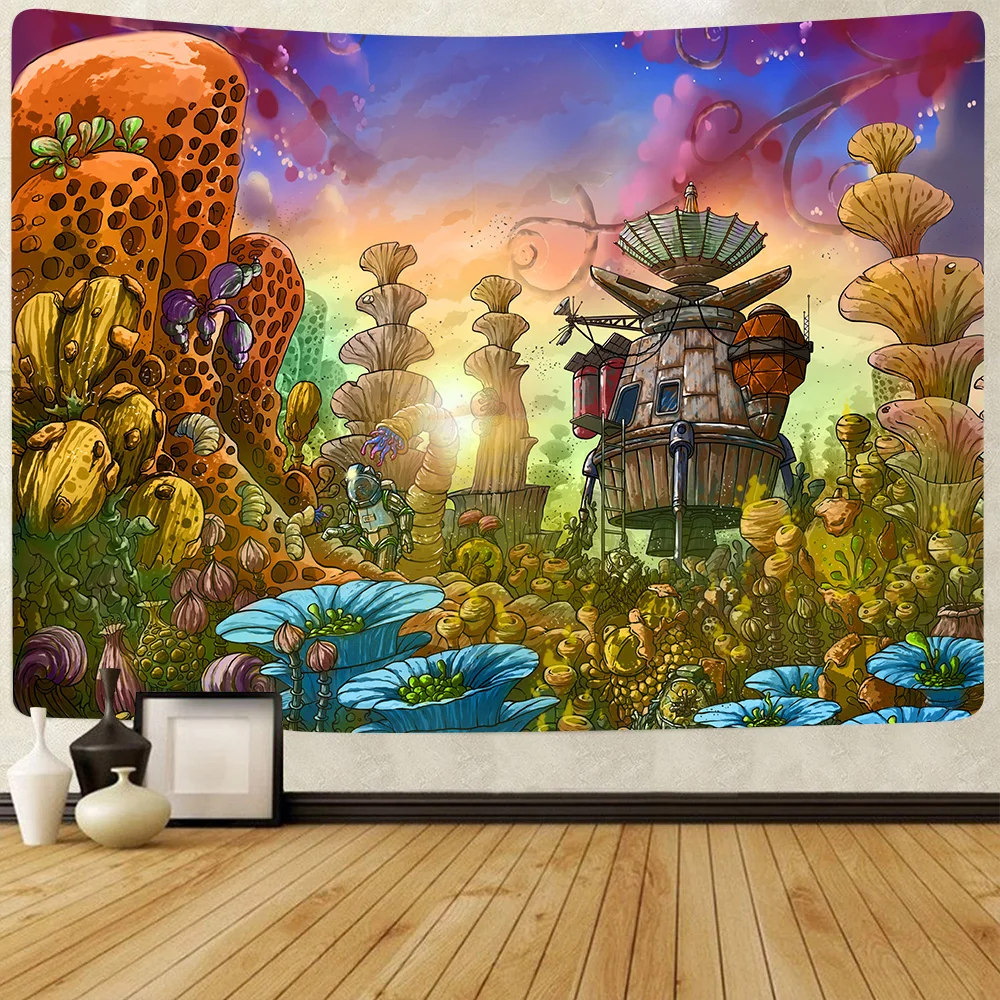

Mushroom Castle Tapestry Summer Tropical Parrot Art Wall Hanging Tapestries for Living Room Home Dorm Decor Banner