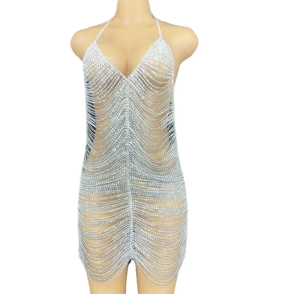 

Sparkly Silver Rhinestones Chain Short Dresses Halter Sleeveless Women Dresses Jazz Dance Costume Nightclub Performance Wear