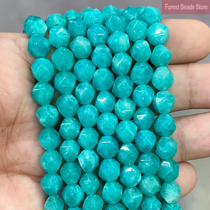 Natural Stone Smooth Faceted Amazonite Blue Chalcedony Jades Spacers Loose Beads for DIY Making Jewelry Bracelet 14" Strand 8MM