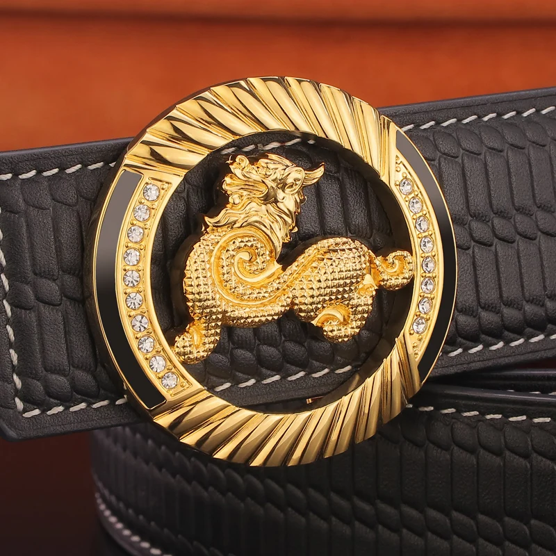 

Chinese Dragon Lucky Charm Mens Brass Belt Buckles High Quality Leather Fashion Wide Male Belt Cowhide 3.8CM Waistband Luxury