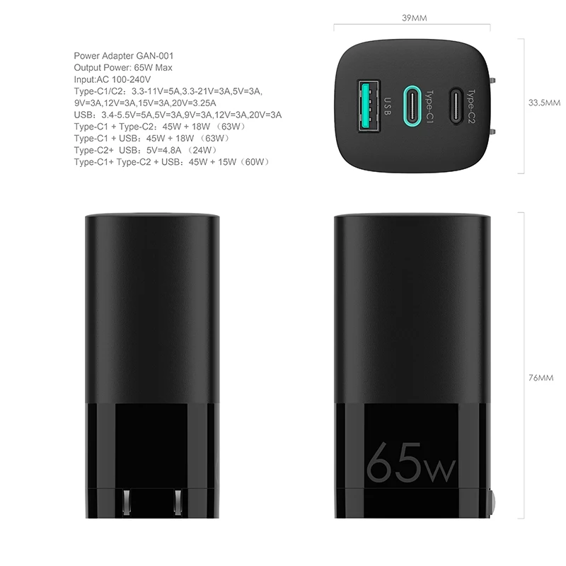 

GaN 65W USB A USB C Charger Quick Charge 4.0 3.0 QC 4.0 PD USB-C Type C Fast Charging For Macbook Pro iPhone Samsung Laptop