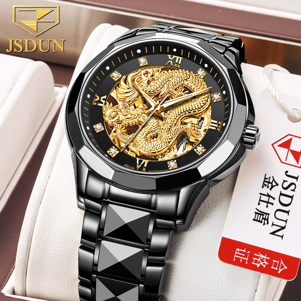 

JSDUN Men's Automatic Watch Gold Hollow Luxury Mechanical Watch Stainless Steel Waterproof Men's Watch Relogio Masculino 8840