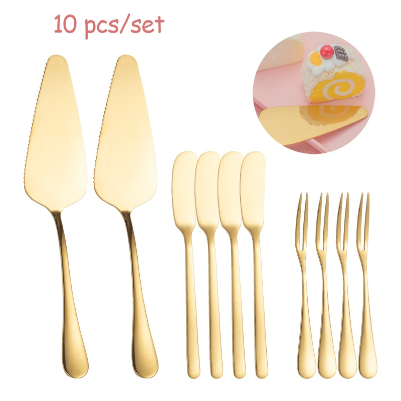 

10pcs/set Stainless Steel Cake Shovel Knife Butter Cream Cheese Butter Knife Dessert Fork Golden Server Cake Divider Baking Tool
