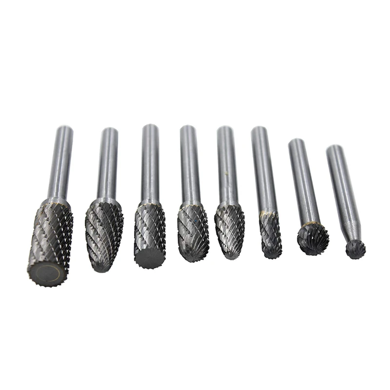 

DANIU 8Pcs Grinder Parts Carbide Burr Set with 1/4 Inch Shank Double Cut Solid Carbide Rotary Burr Set for Metal Wood Working