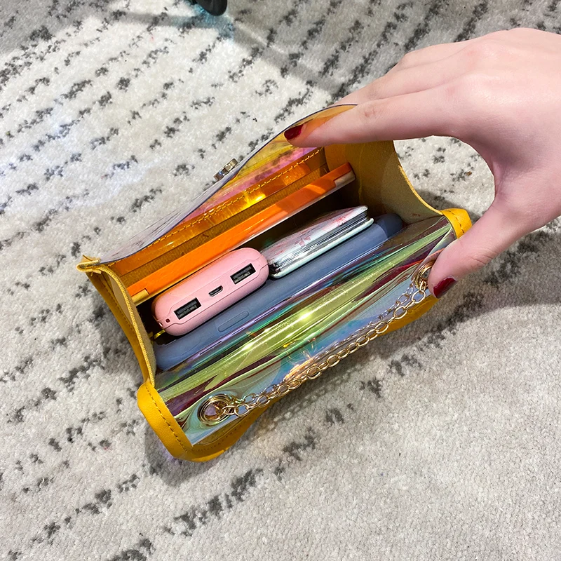 

2020 New Jelly Bag Female Fashion Mini Laser Colorful Phone Bags Woman Casual Button Shoulder Bag Chain Square Handbag Women