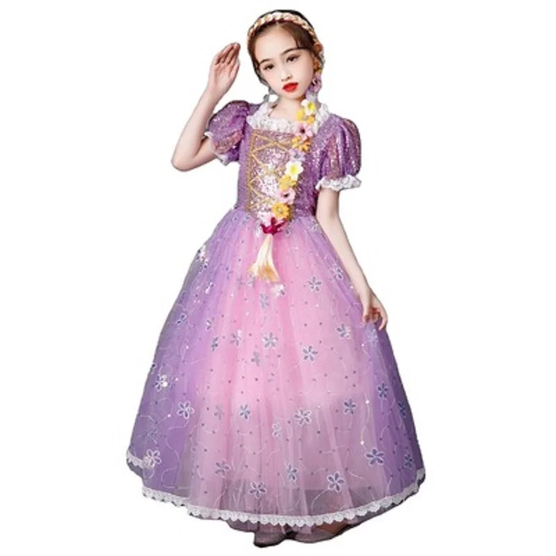 

Rapunzel Dress Princess Cosplay Costume Kids Fancy Sequins Purple Luxury Tangled For Halloween Party Ball Gown