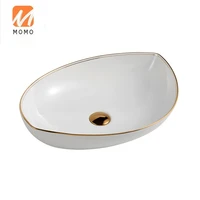 new designs european thin oval gold line white sanitary hotel table top ceramic hand wash art basin bathroom vessel sink