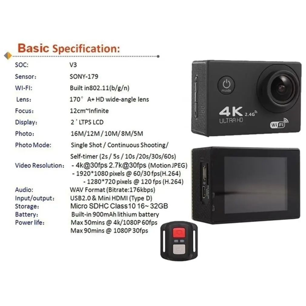 Профессиональная камера Спорт Действие Con Telecomando камера 4k видео камера Wifi Ultra Hd 16mp DVR Спорт на открытом воздухе Дайвинг велосипед видеокамера