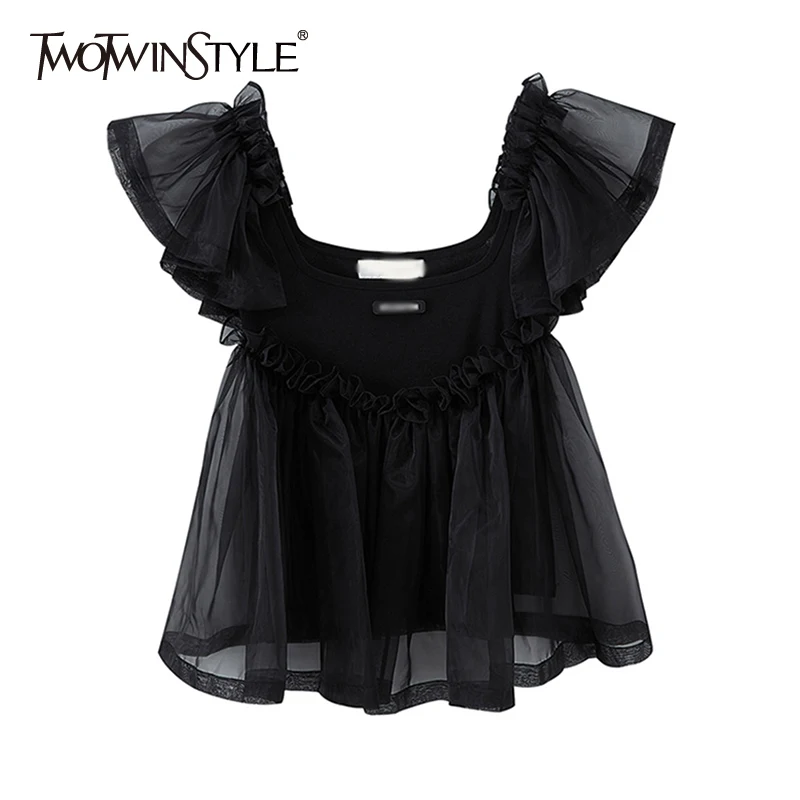 

TWOTWINSTYLE Black Patchwork Ruffle T Shirt For Women Square Collar Short Sleeve Casual Korean T Shirts Female 2021 Summer Style