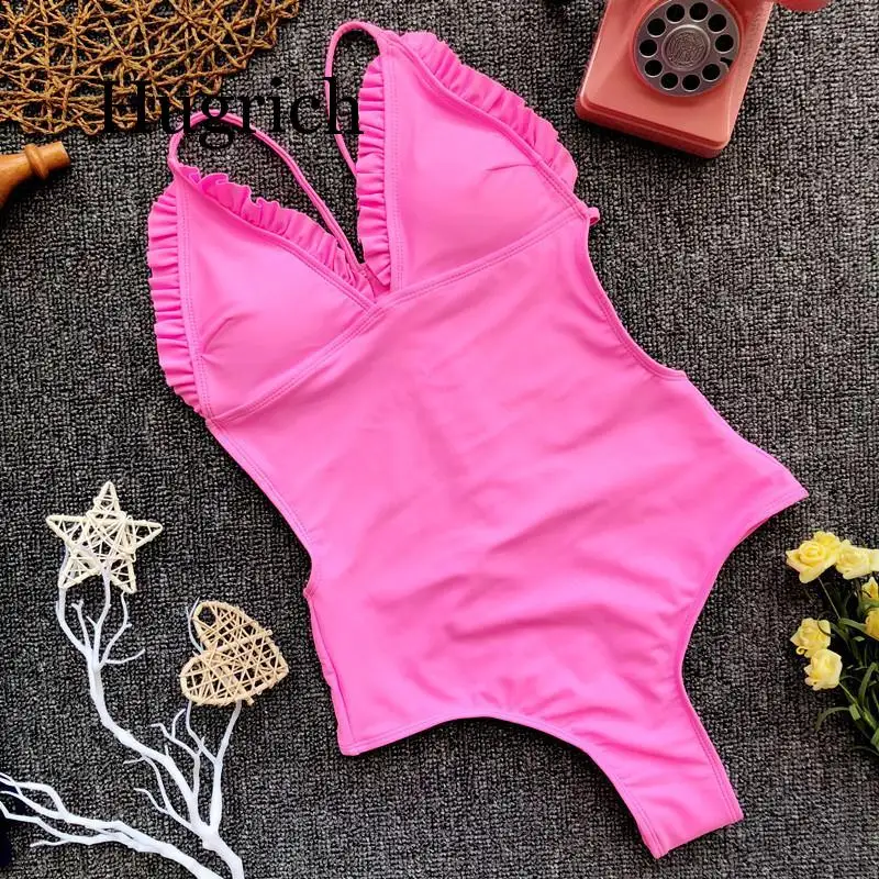 

Ruffles Style Women Swimwear One Piece Swimsuit 2020 Summer Push Up Padded Beach Women Bathing Suit Pure Color Bikini