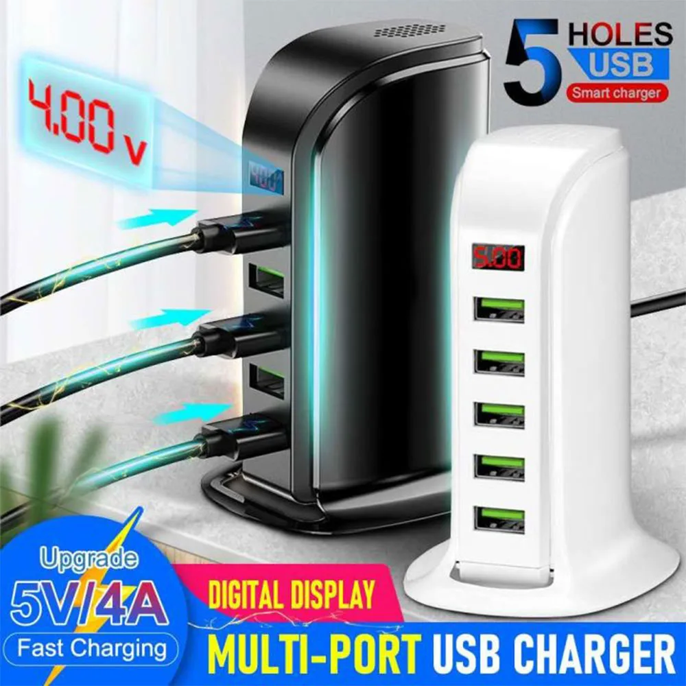 

5 Port USB Charger Digital Display Desktop USB Charging Station Travel USB Charger Hub for iphone XR XS Max X 7 8 US EU Plug