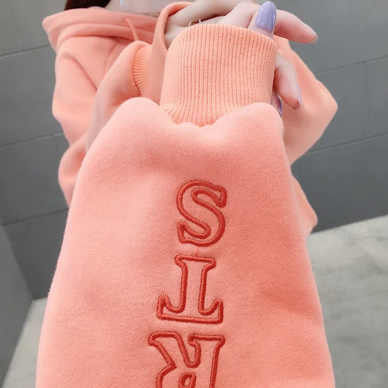 

2020 Winter Hoodie Women Aesthetic Oversized Hoodie Loose Velvet Thickened Embroidered Top Fashion New Long Sleeve Round Collar