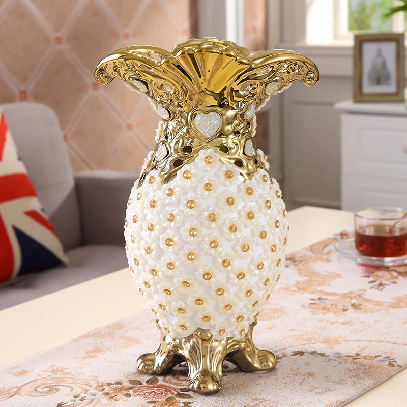 

Europe Luxury High-grade Diamond Resin Vase+Artificial Flower Ornament Home Decoration Crafts Livingroom Flower Pot Figurine Art