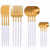 16pcsset stainless steel cutlery set white gold dinnerware set knife fork spoon tableware kitchen matte silverware tableware