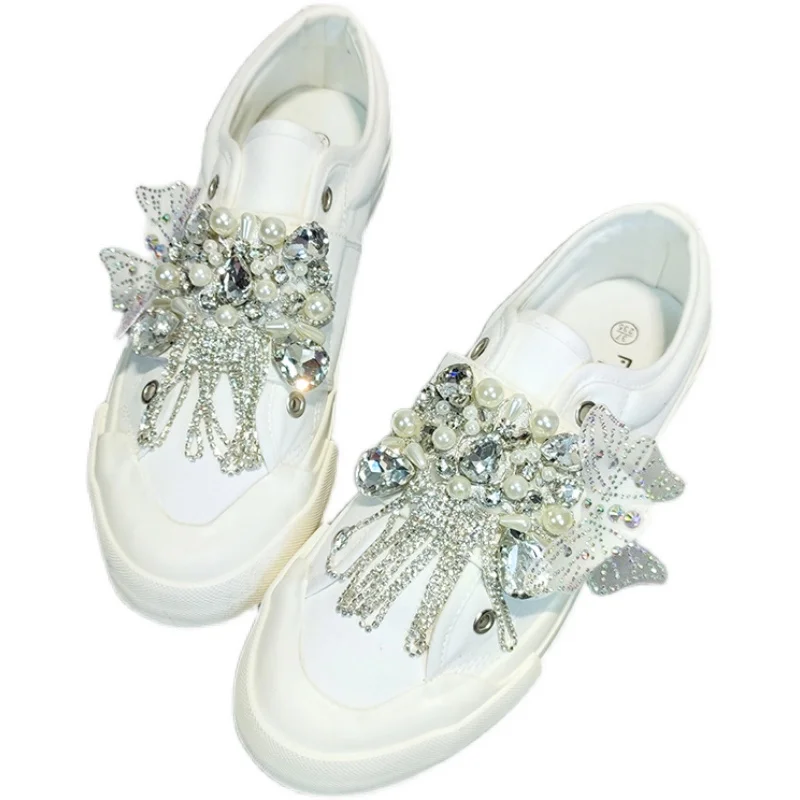 

Luxury Pearls Tassel White Sneakers Women Platform Chunky Trainers Ladies Wedding Flats Rhinestones Thick Sole Shoes Casual