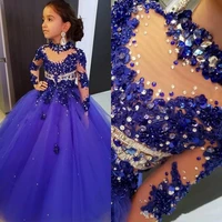 high neck girls pageant dresses long sleeve royal blue beads flower girl dress floor length kids birthday communion dress