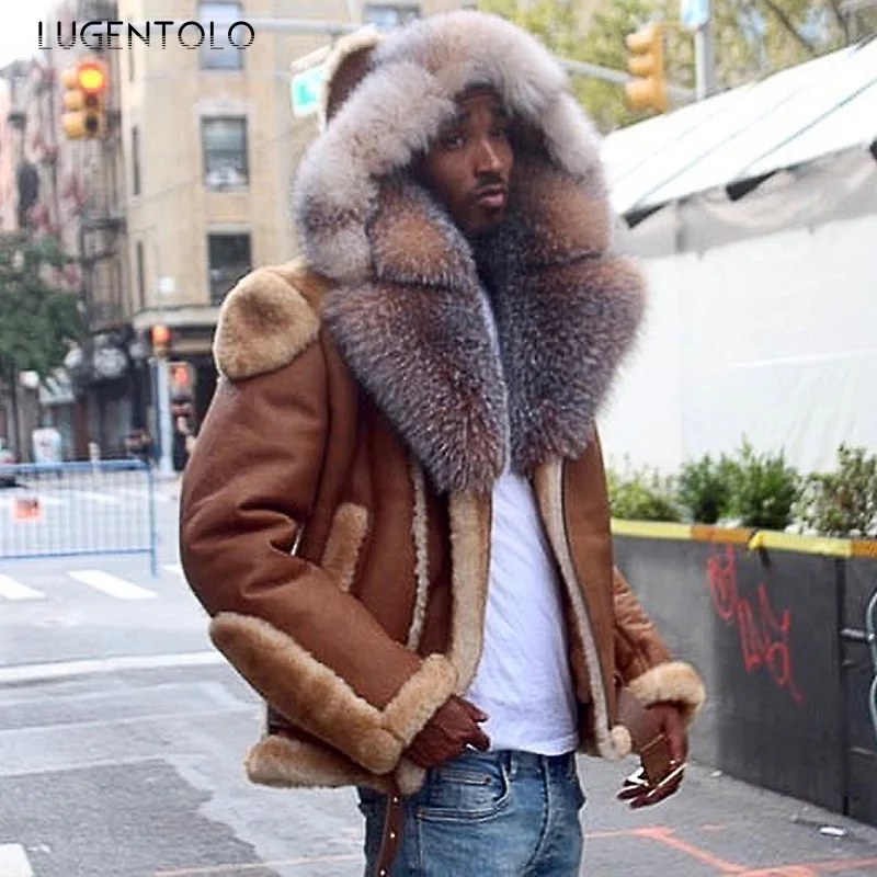 

Men Jacket Winter Warm Hooded Coat Big Fur Collar Pu Imitation Fur Coats Solid Long Sleeve Fashion Loose Jackets Lugentolo