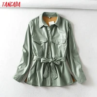 tangada women light green faux leather jacket coat with beltladies long sleeve loose oversize boy friend coat 6a125