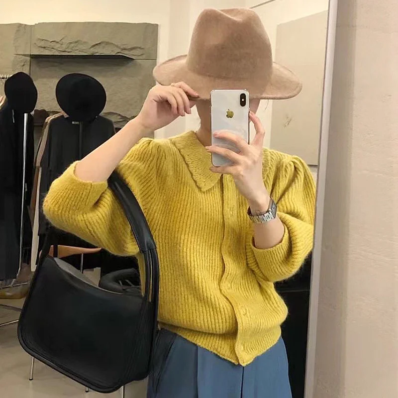 Корейский шикарный однобортный Свободный вязаный кардиган из мягкой кожи белого