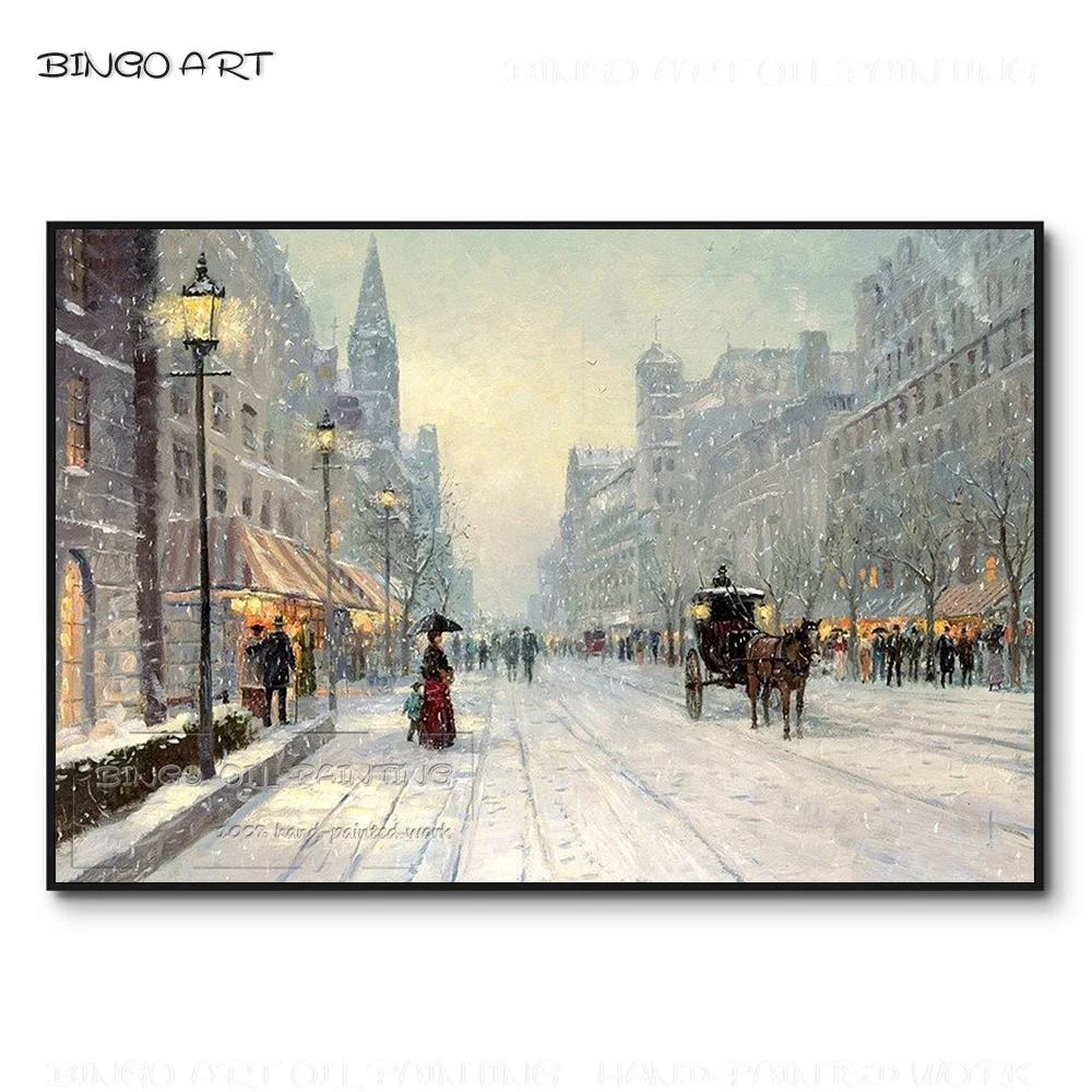 

Professional Artist Hand-painted High Quality Snowing Carriage Street Landscape Oil Painting Winter Paris Street Oil Painting