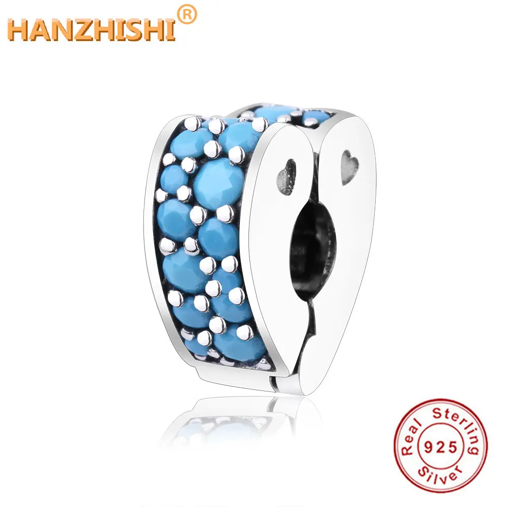 

2018 Pave Blue CZ Heart Clip Charm Fit Original pan Charms Bracelet 925 Sterling Silver Arcs of Love Clip Beads DIY Jewelry