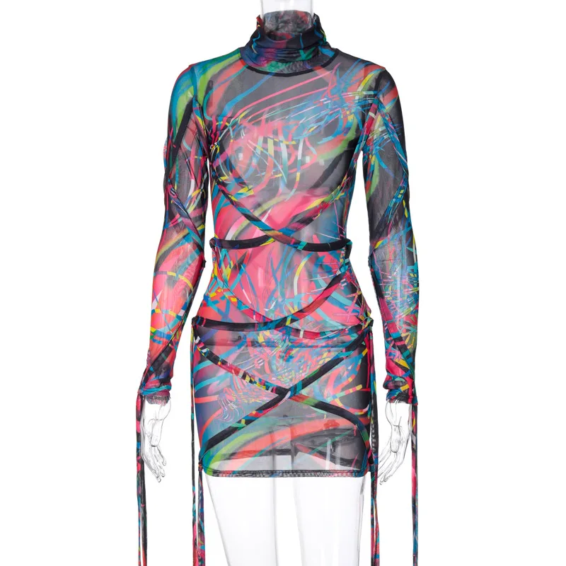 

Gwirpte Mesh Belt Criss Cross Party Dresses 2021 Long Sleeve Turtleneck Ribbon Print Bandage Bodycon Summer Women Dress