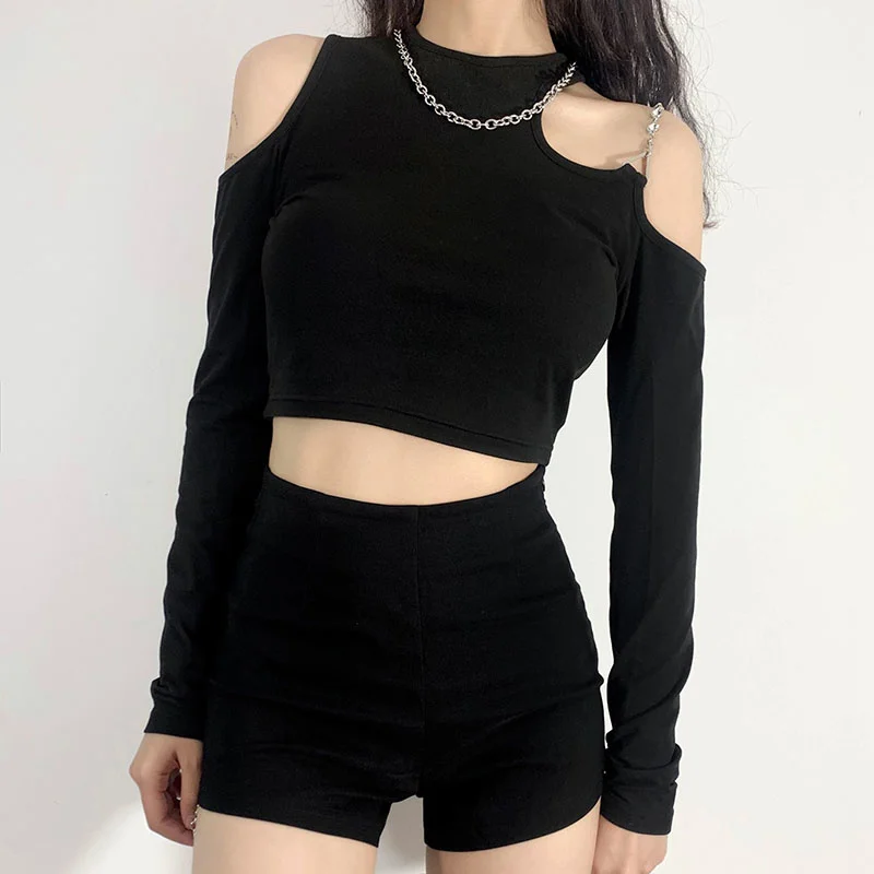 

Women T-shirt Girl Chain Shoulder Long Sleeve T-shirt Women's Slim Navel Top Fashion Rachel