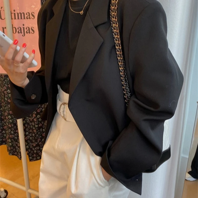 

Women Blazers Office Lady Designed Short Style Notched Ulzzang Solid Single Button Suits Coat Elegant Womens Classic Streetwear