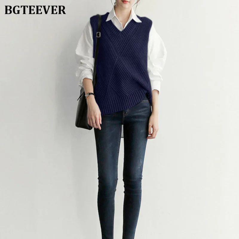 Autumn V-neck Sleeveless Women Pullovers Plaid Casual Knitted Tops Outerwear Vest Sweater Female Winter Warm Jumpers 2019 | Женская