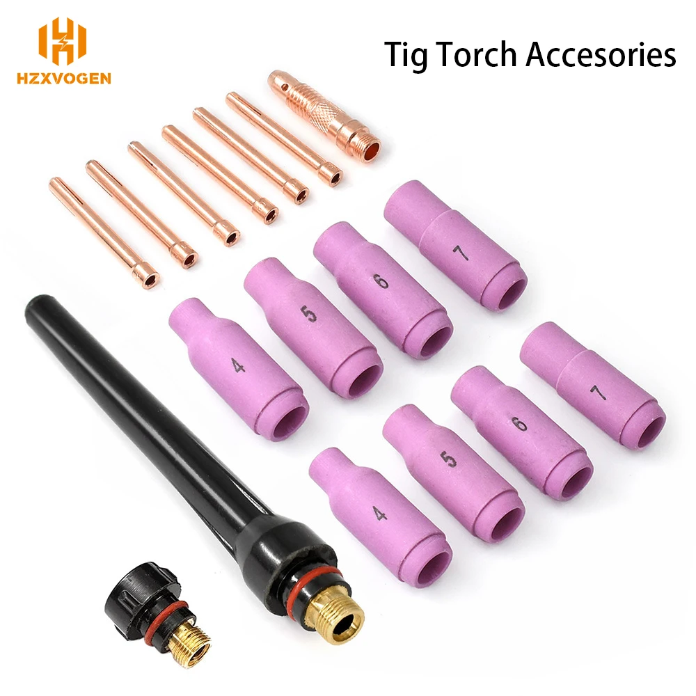17pcs TIG Torch Accessories With Stubby Collect Body Ceramic Short Long Back Cap Ceramic Series Cup Fit WP17 WP26 Welder Gun
