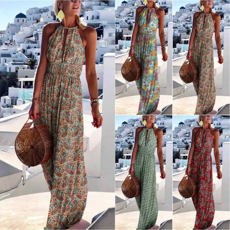 

VICABO Woman Dress Backless Floral Maxi Dress Summer Womens Clothing Casual Party Beach Long Halter Dresses Women