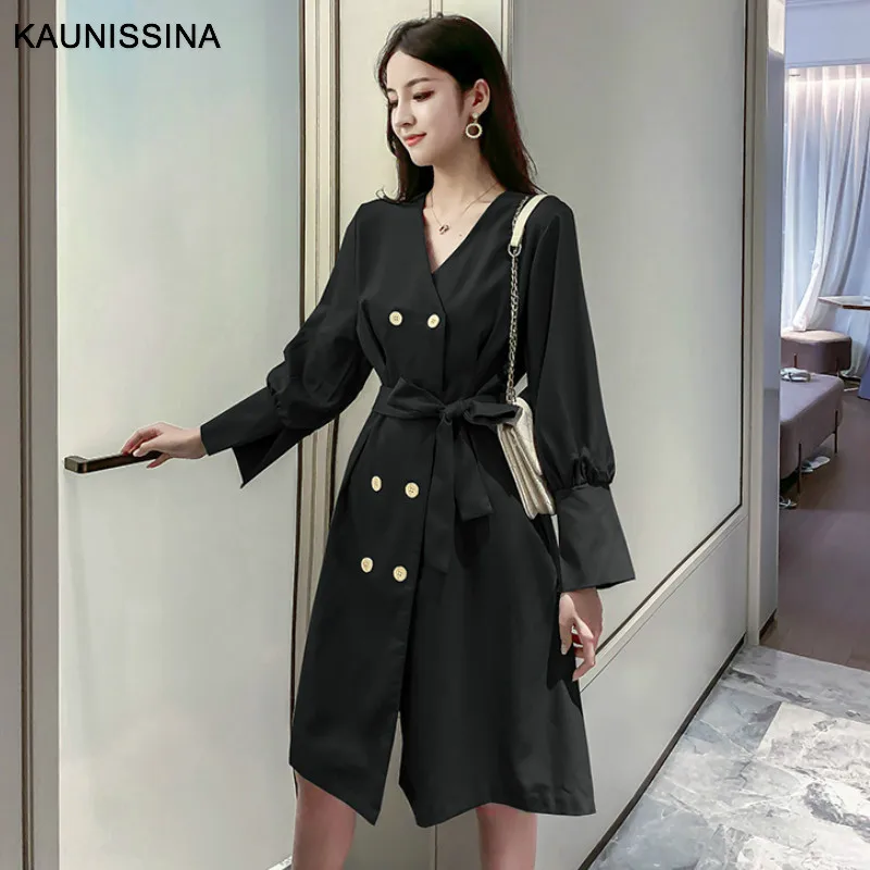 Black KAUNISSINA, корейское коктейльное платье, двубортное, высокая талия, длинный рукав, v-образный вырез, свободные, а-силуэт, вечерние платья, платья для выпускного вечера - Цвет: Black