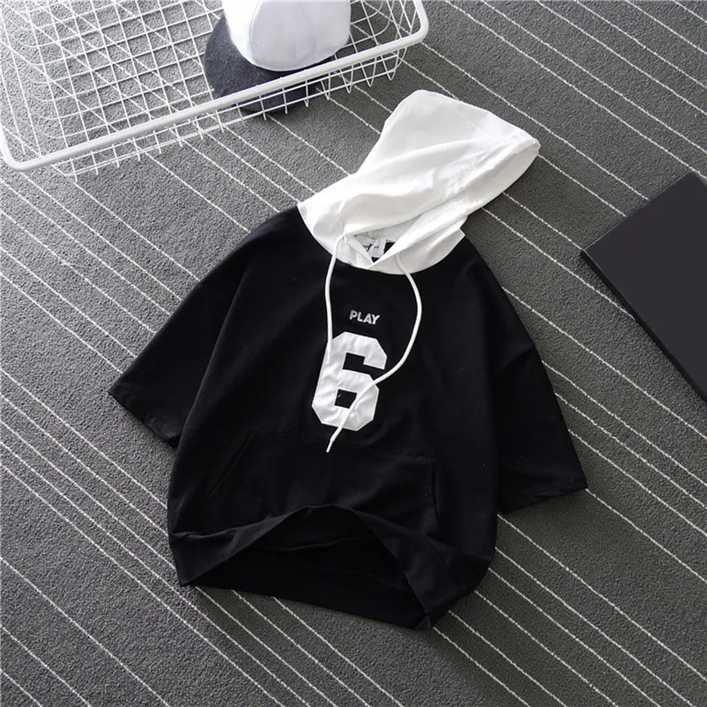 Женская футболка Летняя с капюшоном плюшевая Вышивка Половина рукава свитер для