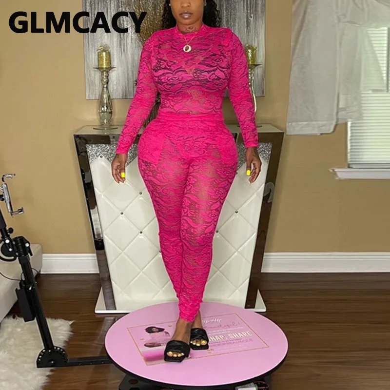 

Two Piece See Through Lace Suits Long Sleeve Bodysuit & Slim Pants Set Party Clubwear