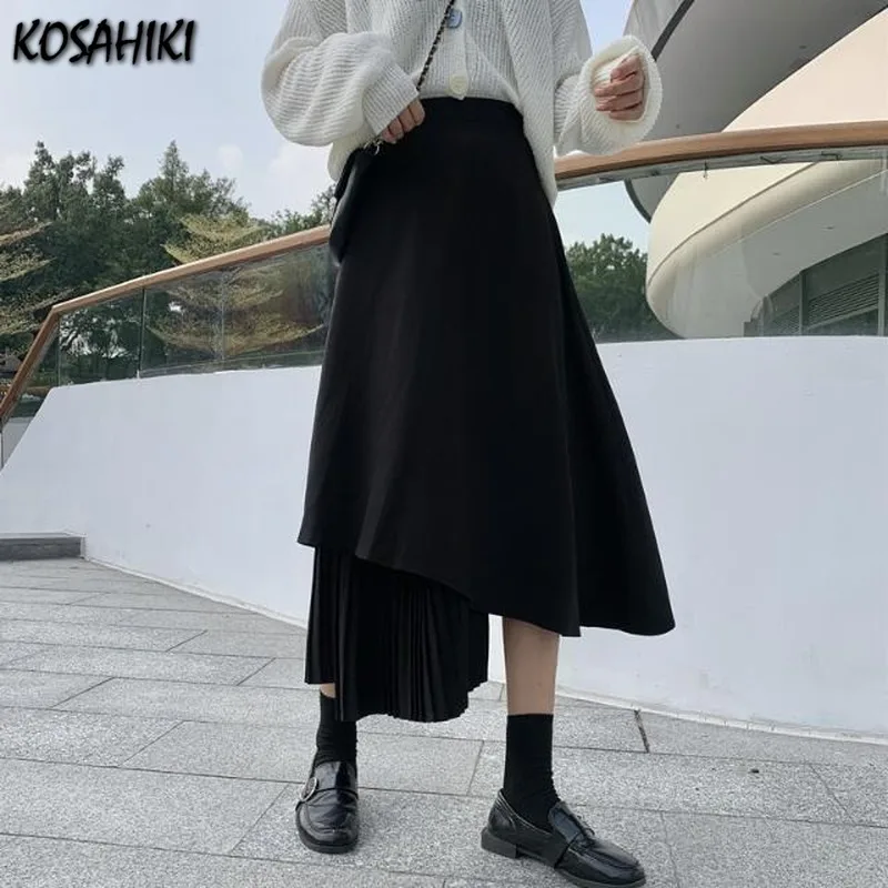 

KOSAHIKI Asymmetrical Skirts Womens Black High Elastic Waist Skirt 2021 Summer Korean Fashion Harajuku Pleated Saia Streetwear