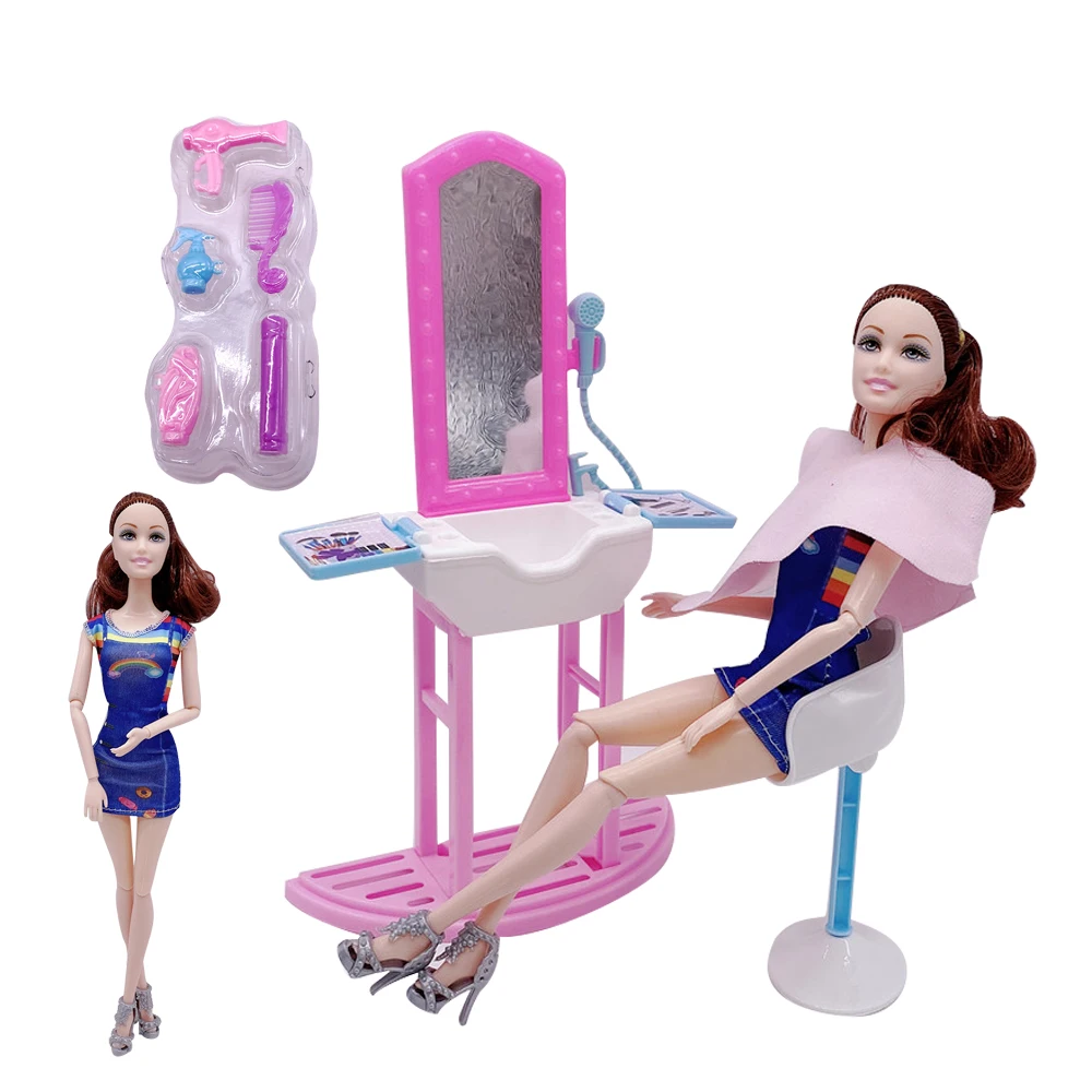 

11.5 "Barbies Princess Doll Haircut Package = 1 Dresser + 1 Mirror + 1 Doll Child Vinyl Plastic Toy Accessories Girl Gift