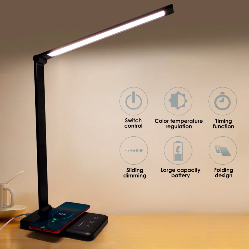 

Qi Wireless LED Desk Lamp With Smart Timing 5 Modes Stepless Dimmable Touch USB Eye Protection Reading Table Lamp