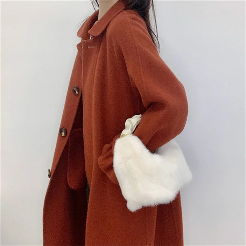 2021 New Soft Mink Bag Niche Design Sheepskin Fold Handle Macaron Lunch Bag Handbag Mink Fur Fur Bag Handbag