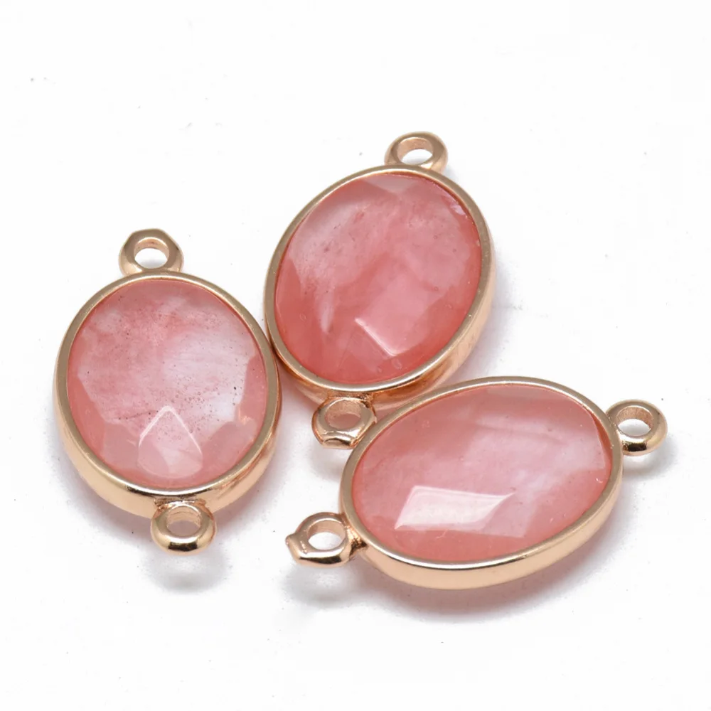 

2pc Cherry Quartz Glass Links connectors with Golden Tone Brass Findings Faceted Oval 25x14x6~7mm Hole: 2mm