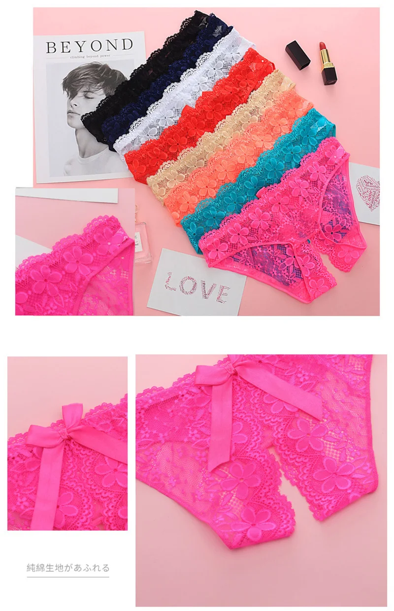 Sexy Lace Hollow Panties Tempting Women Briefs Opening Crotch Low Waist Female Underwear Transparent Sexy Cute Bow Panty