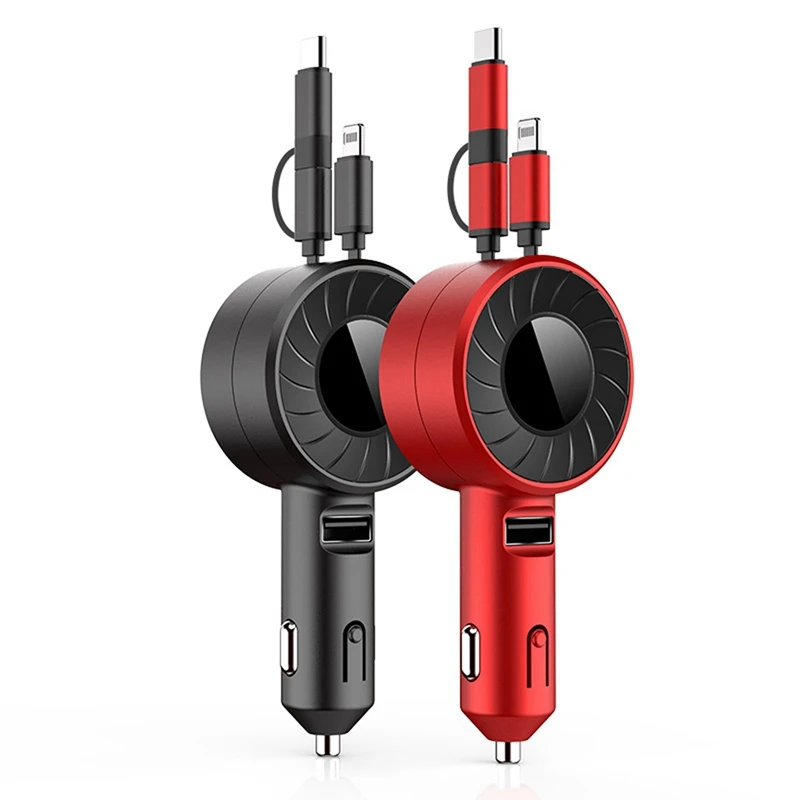 

2x3 в 1 Автомобильное зарядное устройство для Samsung для iPhone Android Micro-USB Type-C кабель Многофункциональный телескопический кабель красный и черный