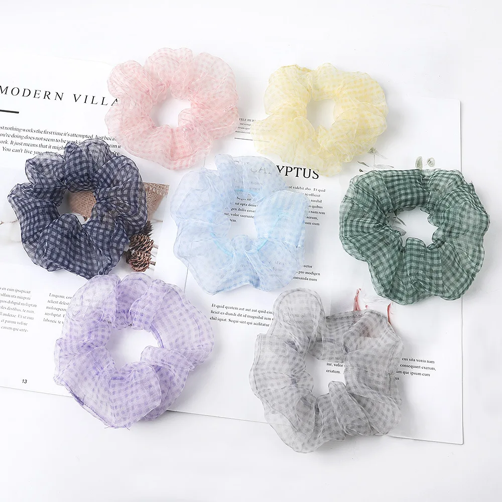 

New Year Clear Transparent Organza Hair Scrunchy For Women Office Plaid Pattern Mesh Schrunchy Girls Hairbands