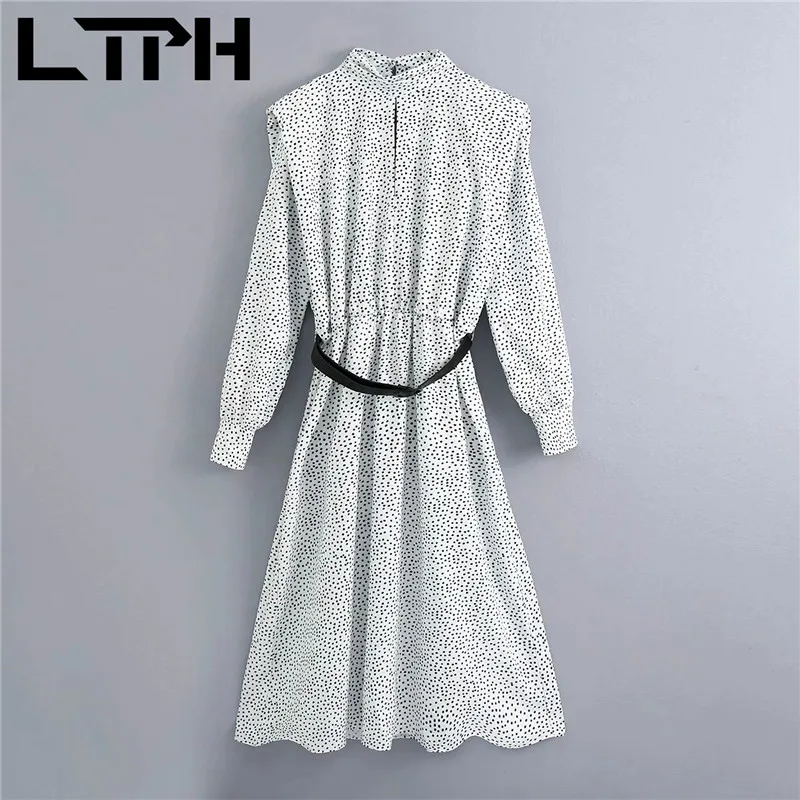

LTPH fresh elegant long women dress sashes high waist slim dot print vintage large swing A-line dresses 2021 spring summer new