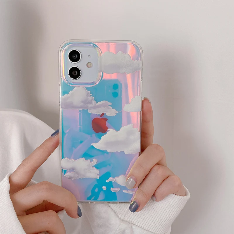 For iPhone 13 Pro Max Transparent Clouds Laser Phone Case For iPhone 12 11 Pro X XR XS Max SE2020 7 8 Plus Shockproof Back Cover